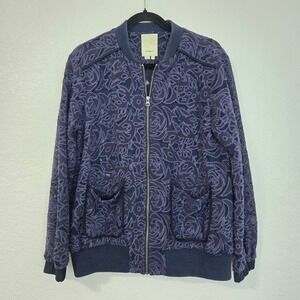 Anthropologie Miranda ELEVENSES Blue Lace Bomber Jacket Full Zip Pockets Size M